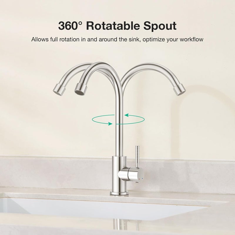 Crea Brushed Faucet for Kitchen Bar Outdoor Sink 1 Hole 3Holes(with Deck Plate)，High Arc 360°Swivle Single Handle Tap Brushed 304 Stainless Steel - Image 2